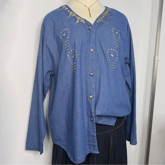 Vintage 90s Denim Long Sleeve Shirt Western Cowgirl Plus Size Gold Studs Buttons - Picture 1 of 8